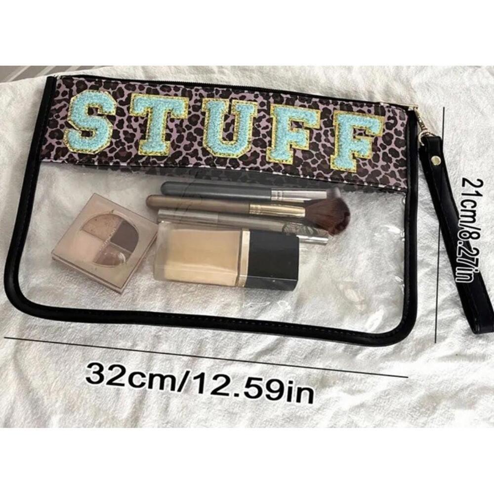 Large Pouch - STUFF, Pink Leopard Print With Aqua Teal Patches Great For Makeup - Picture 4 of 4